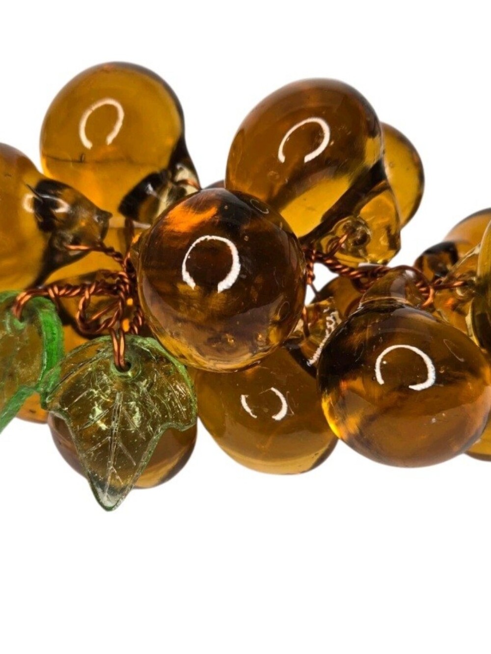 Vintage Amber Gold Brown Wire Glass Grape Cluster & Green Glass Leaves - Picture 7 of 8